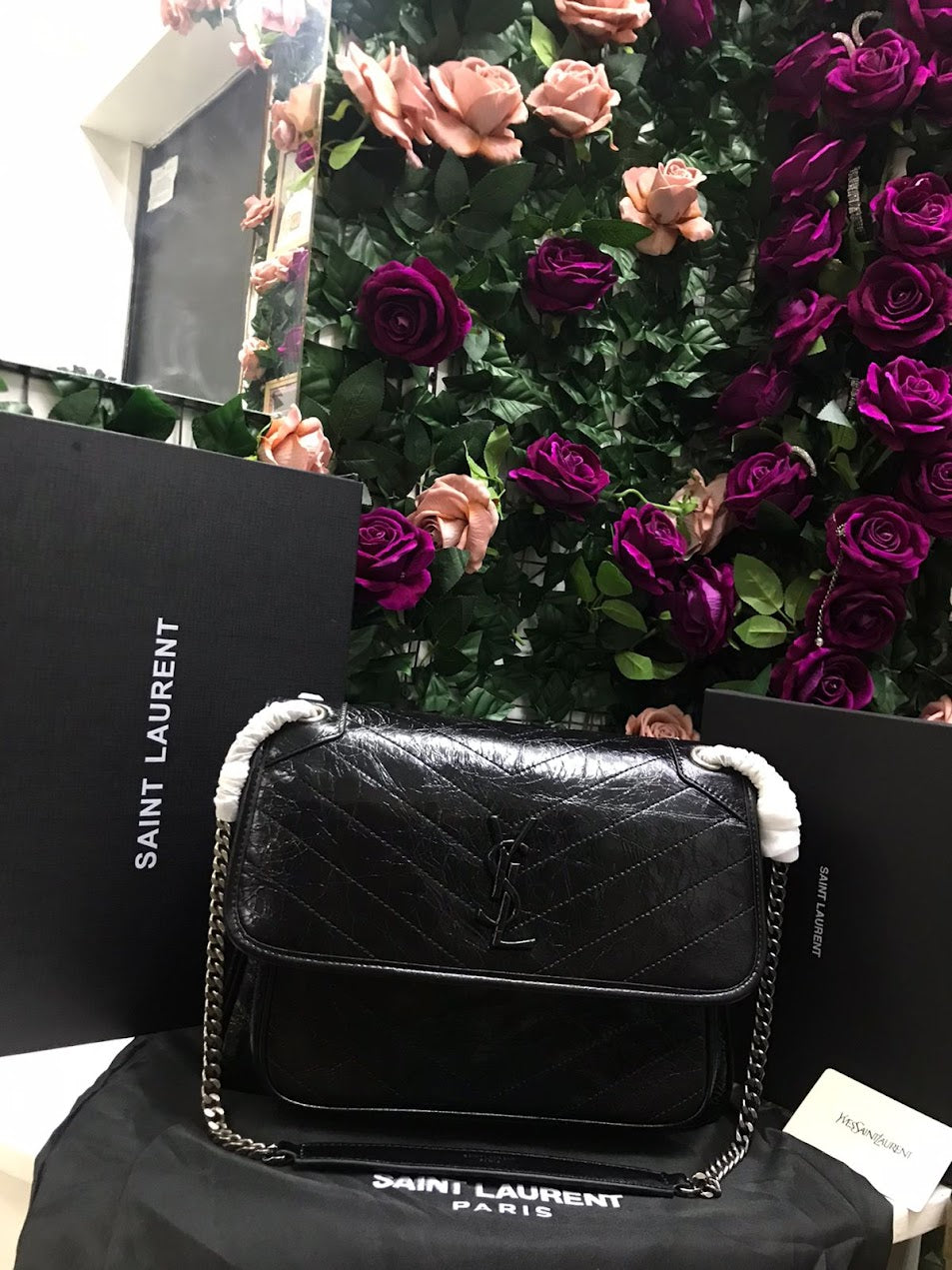 Saint Laurent YSL Negro Asa Eslabones Piel