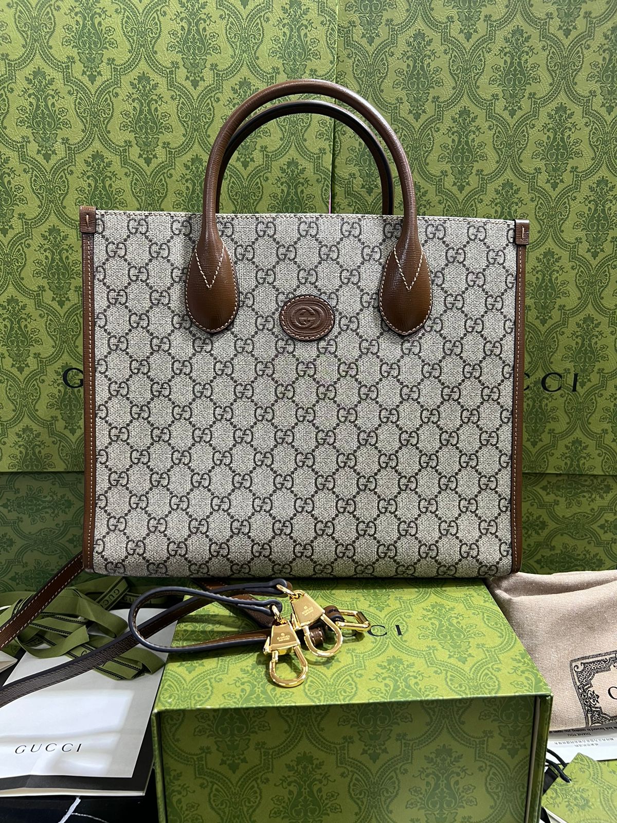 Gucci Café con Beige Asa Café Piel