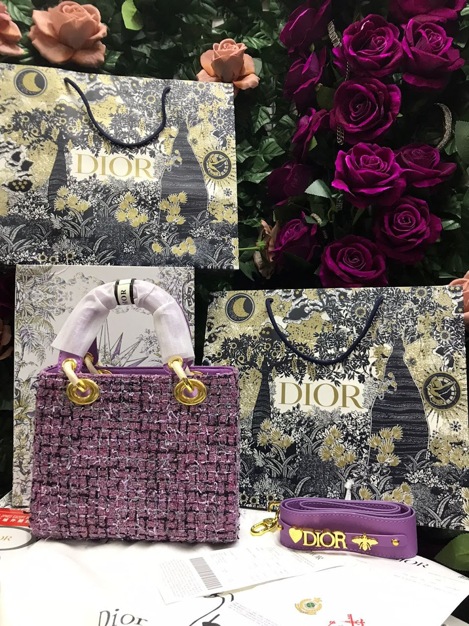 Christian Dior Morada Croché y piel