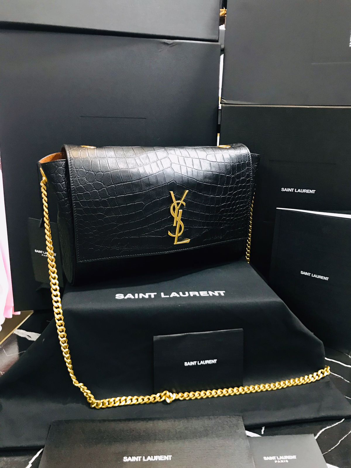 Saint Laurent Negro Piel Acabados Cocodrilo