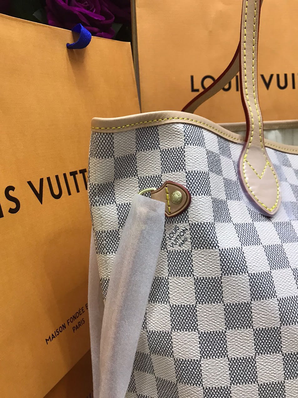 Louis Vuitton Blanco Gris Marmoleado Piel