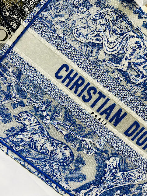 Christian Dior Azul Bordado Tigres Tela