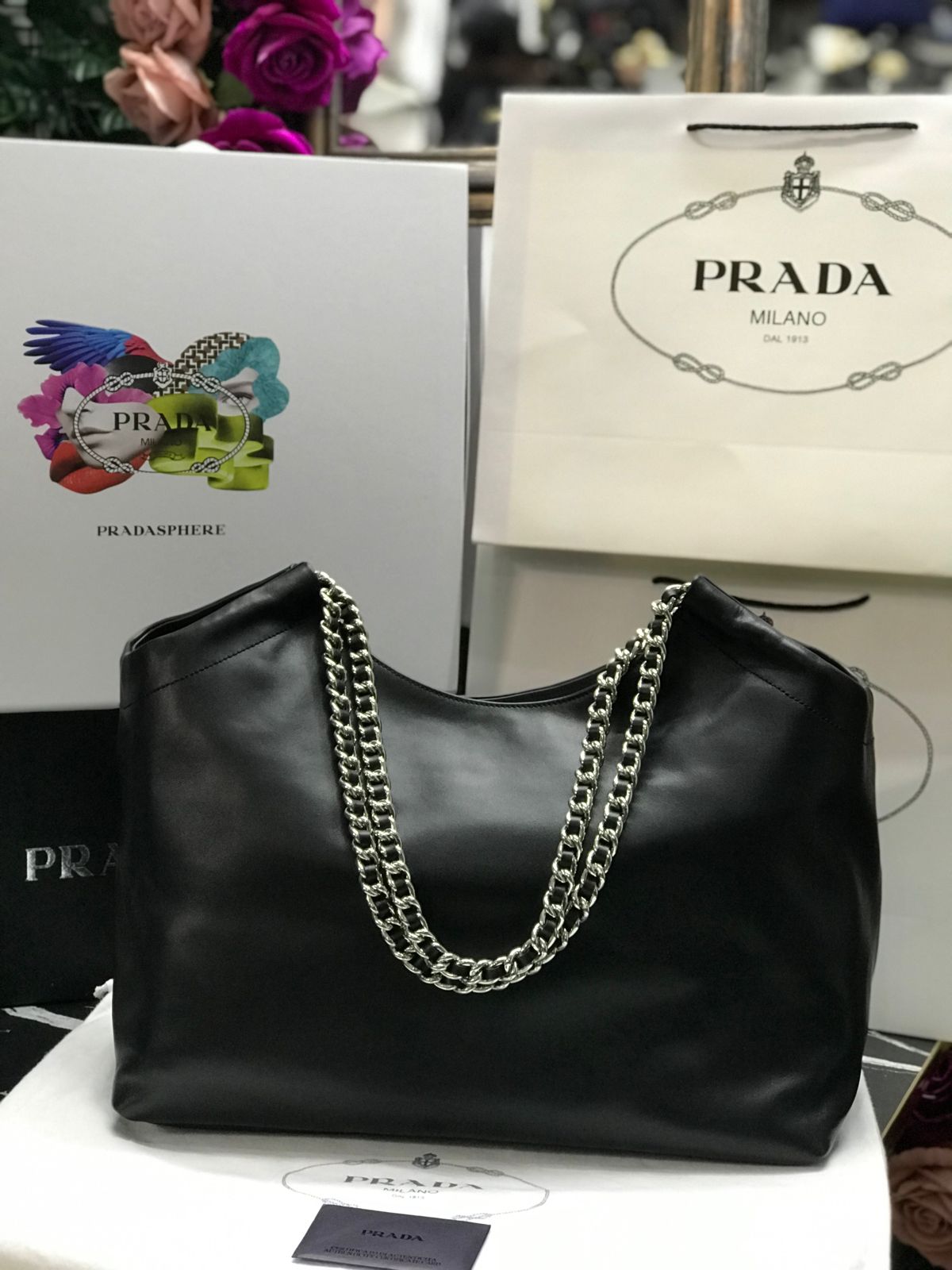 Prada Negro Cadena Plateado Piel