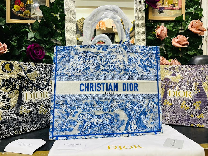 Christian Dior Azul Bordado Tigres Tela