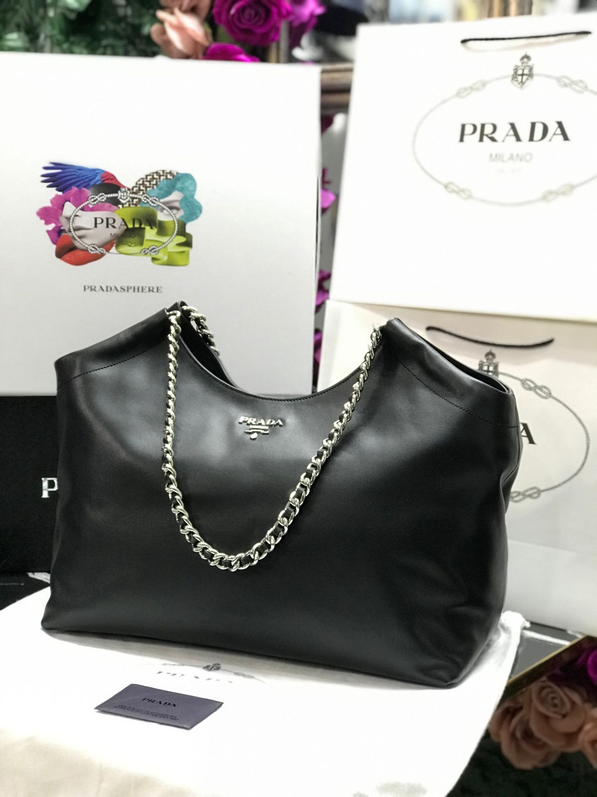 Prada Negro Cadena Plateado Piel