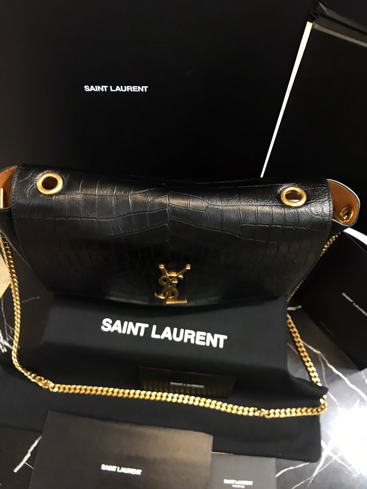 Saint Laurent Negro Piel Acabados Cocodrilo