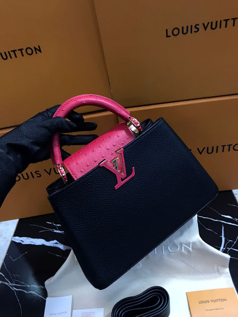 Louis Vuitton Edición Especial Negra Rosa Piel de Becerro y Avestruz