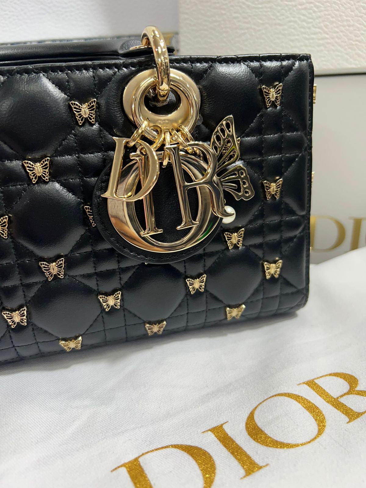 Christian Dior Edición Mariposa Negra Cadena Dorada Piel