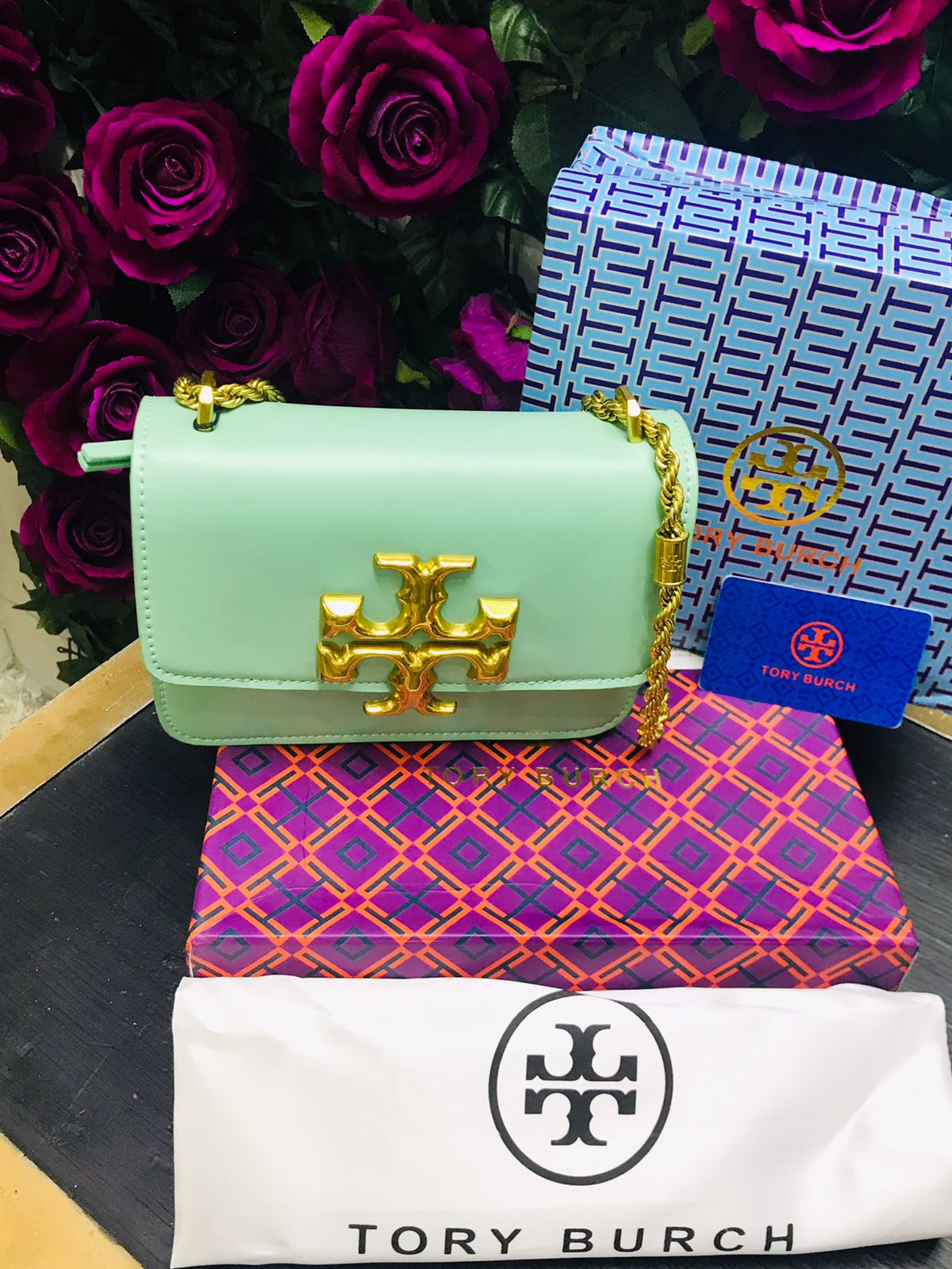 Tory Burch Verde Aqua Cadena Dorada Piel