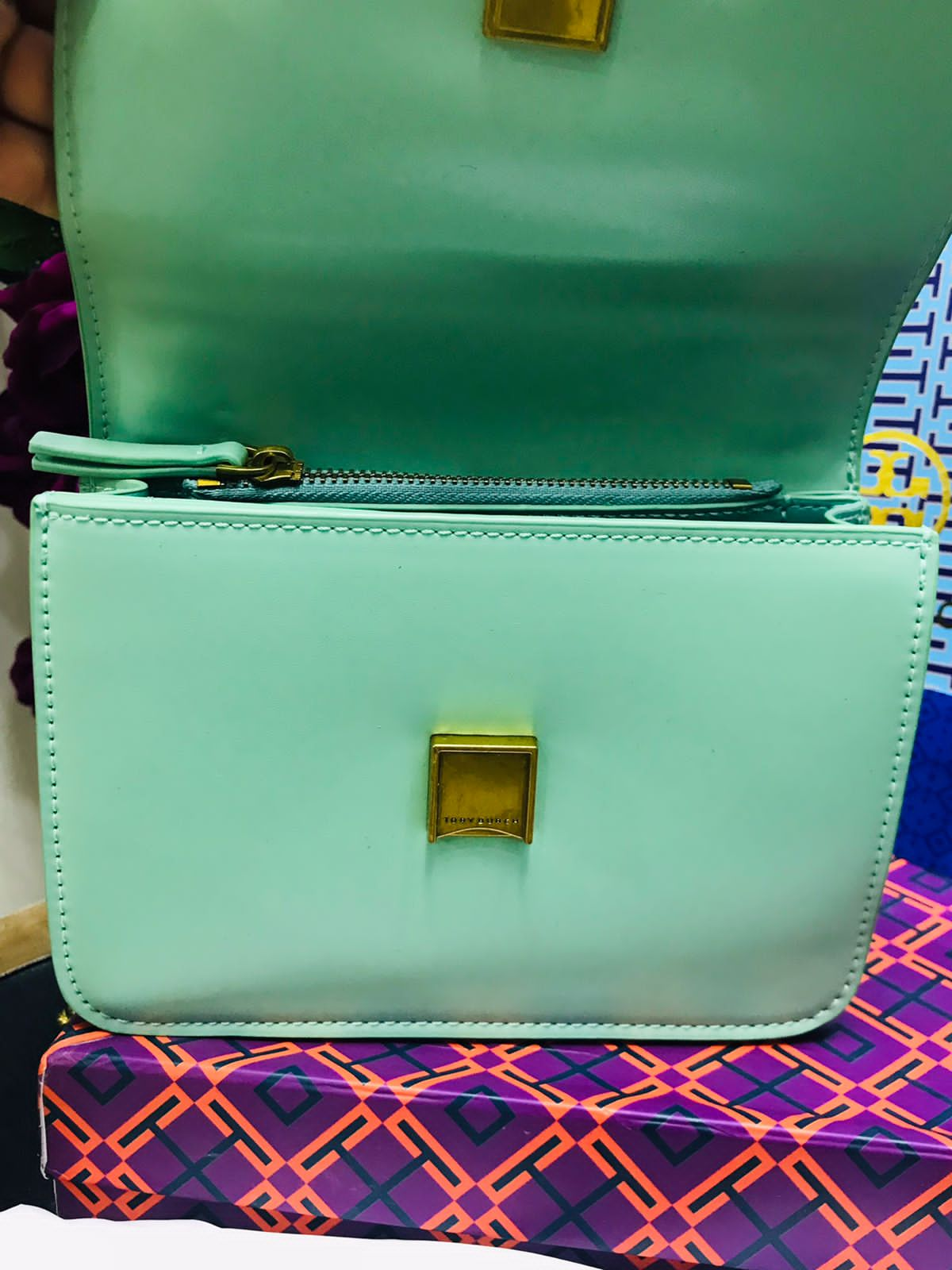 Tory Burch Verde Aqua Cadena Dorada Piel