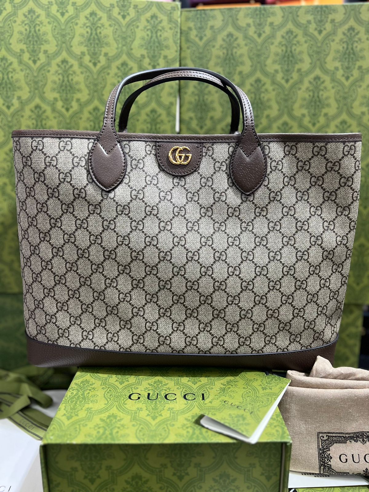 Gucci Café con Beige Asa Café Piel