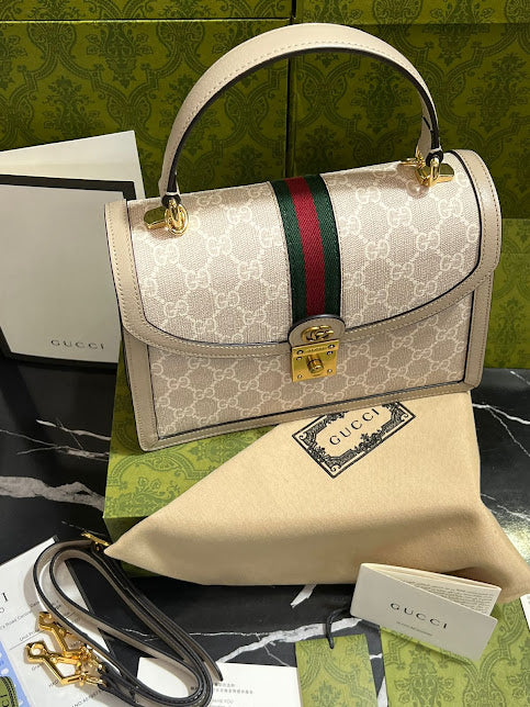 Gucci Beige Línea Verde con Rojo Piel