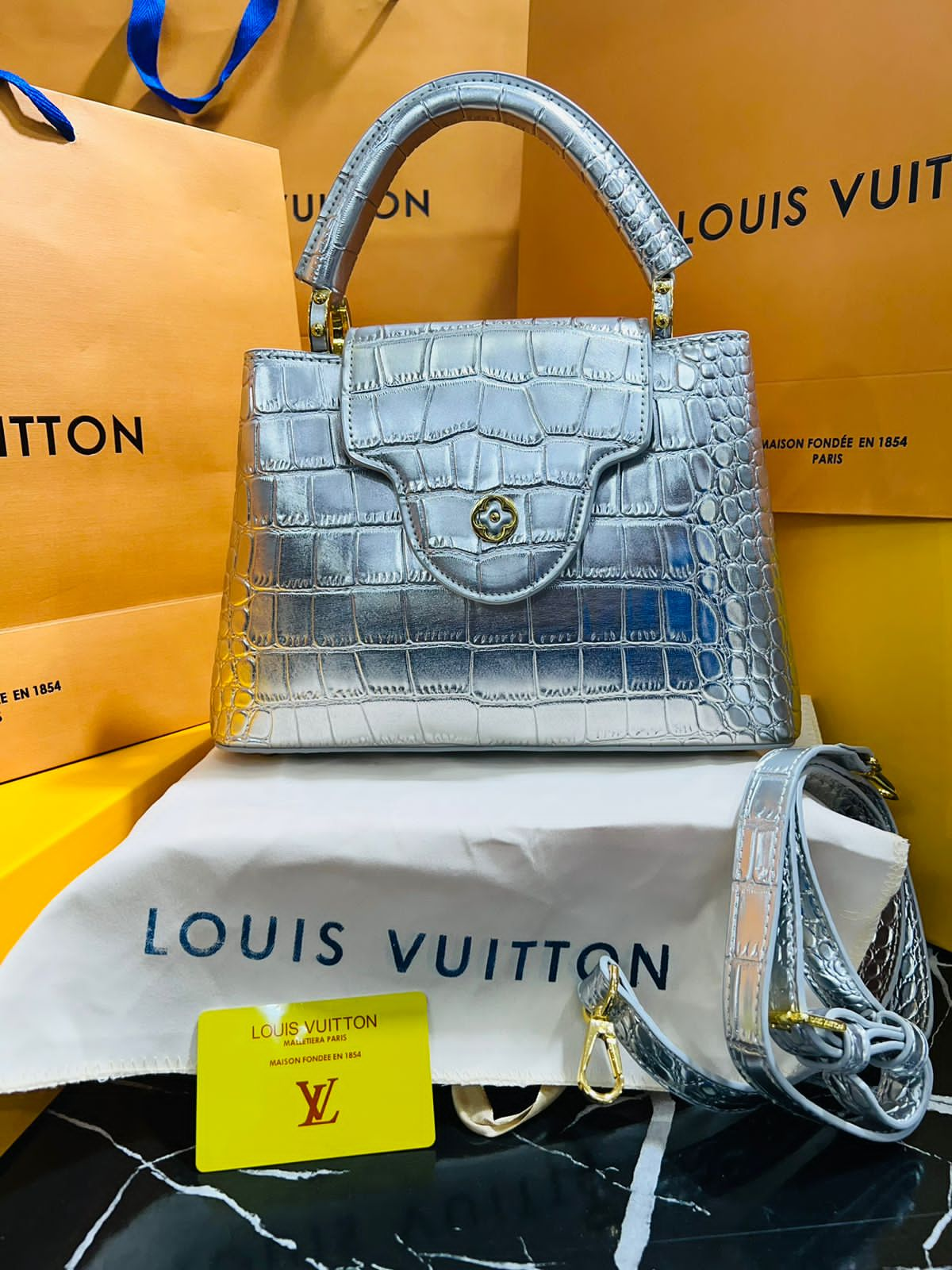 Louis Vuitton Capucine Edición Especial Plateada Piel