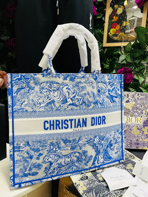 Christian Dior Azul Bordado Tigres Tela