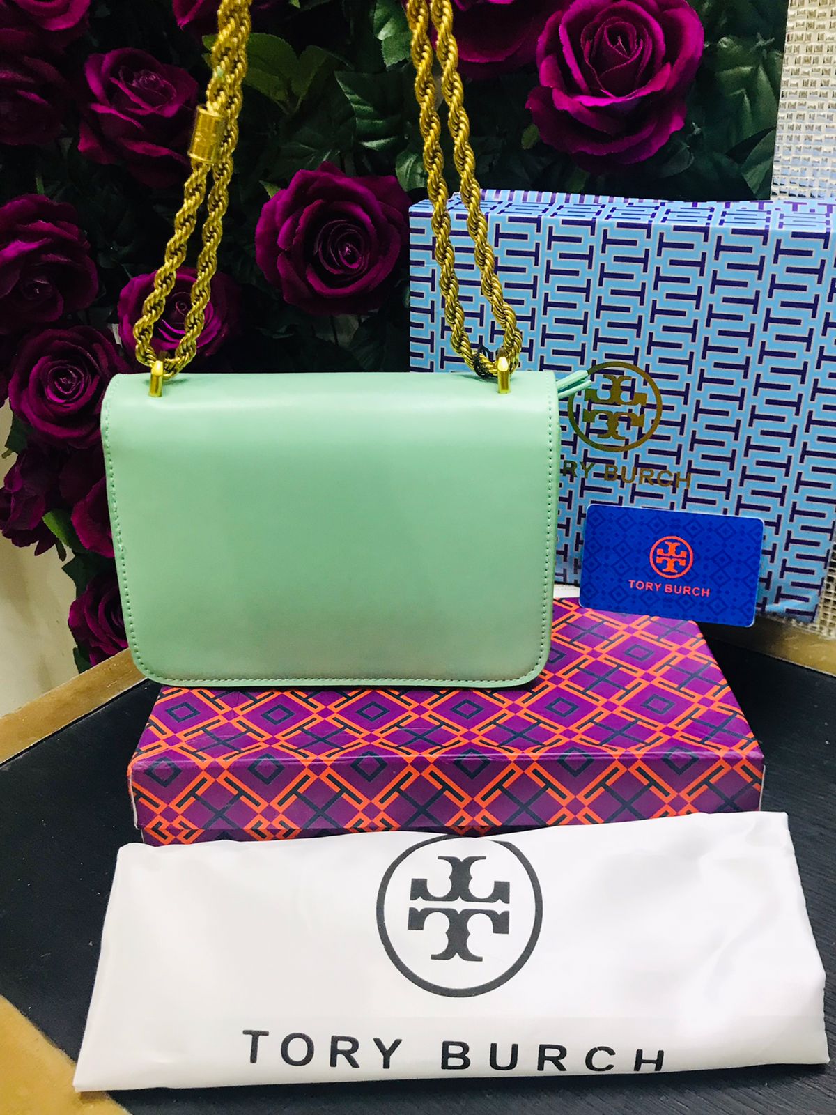 Tory Burch Verde Aqua Cadena Dorada Piel