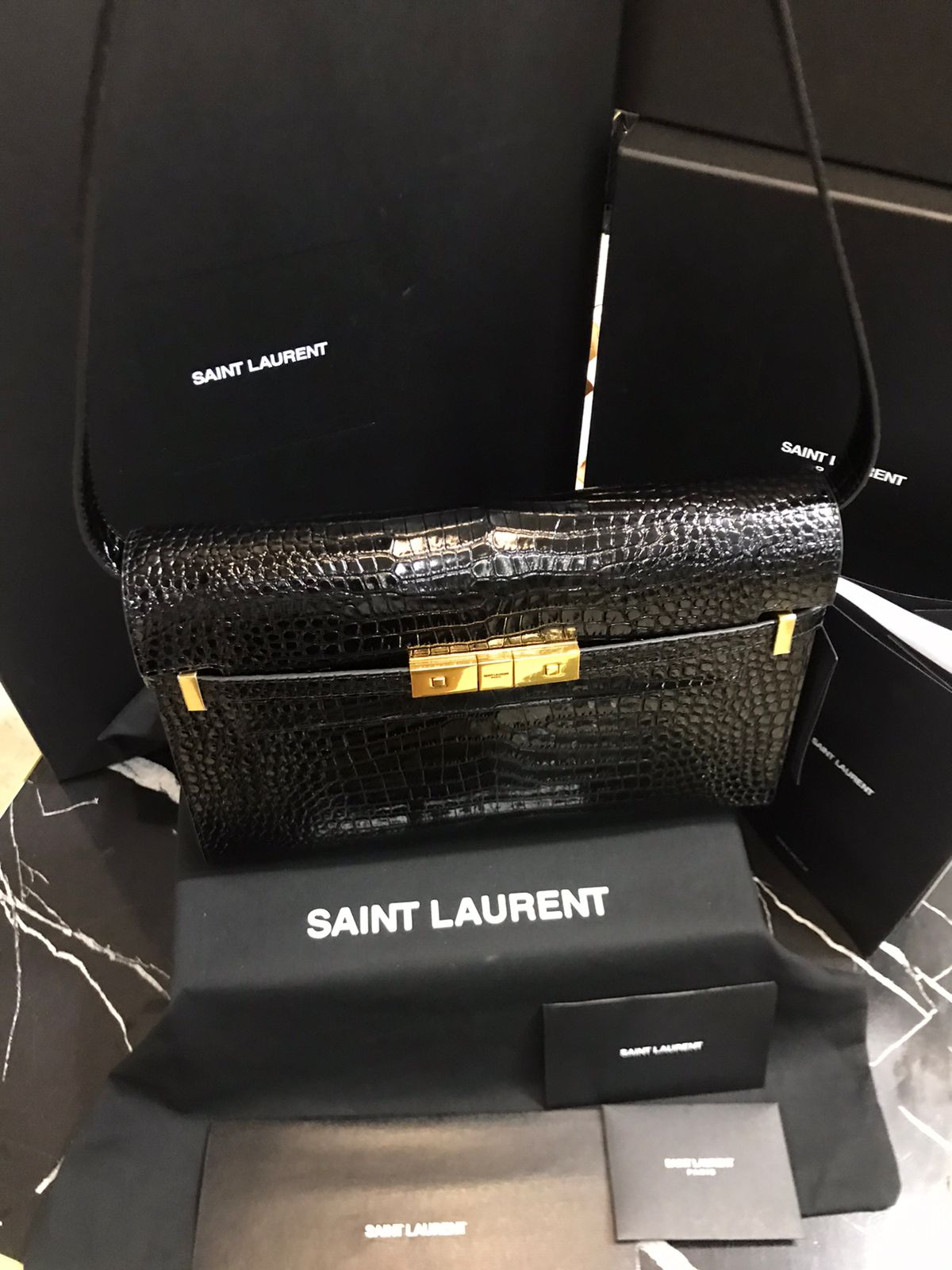 Saint Laurent Negro Piel terminaciones de Cocodrilo