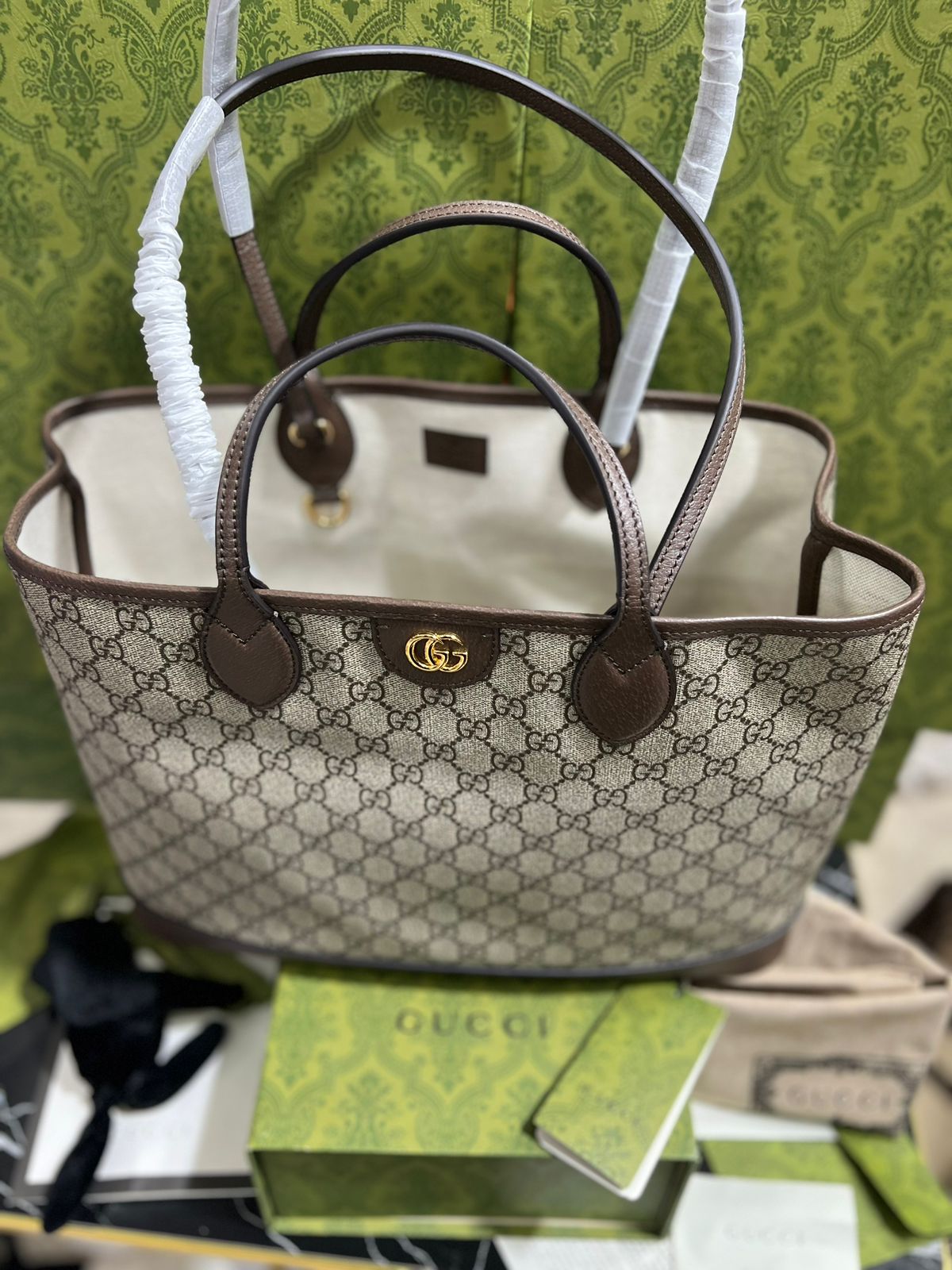 Gucci Café con Beige Asa Café Piel