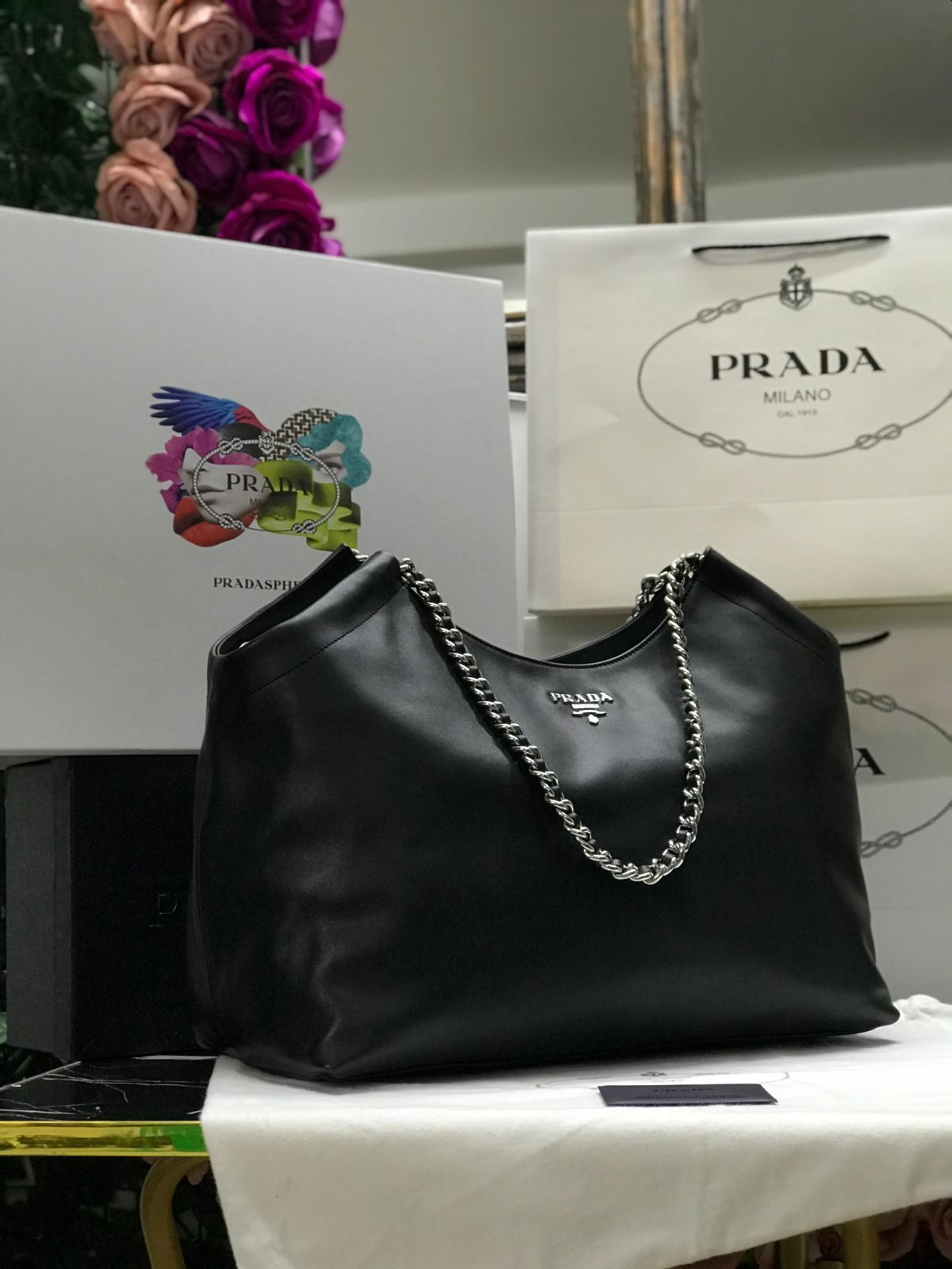 Prada Negro Cadena Plateado Piel