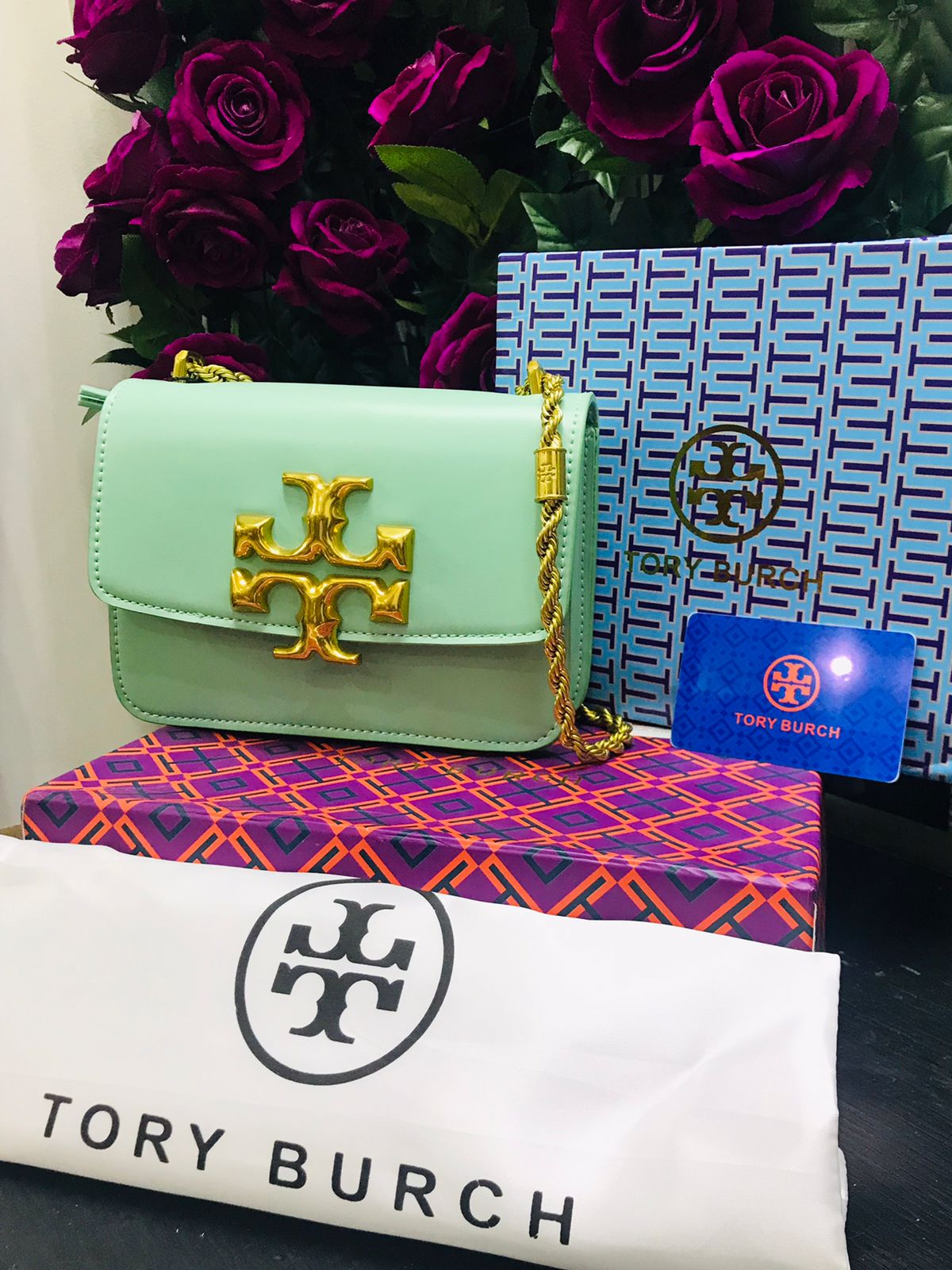 Tory Burch Verde Aqua Cadena Dorada Piel