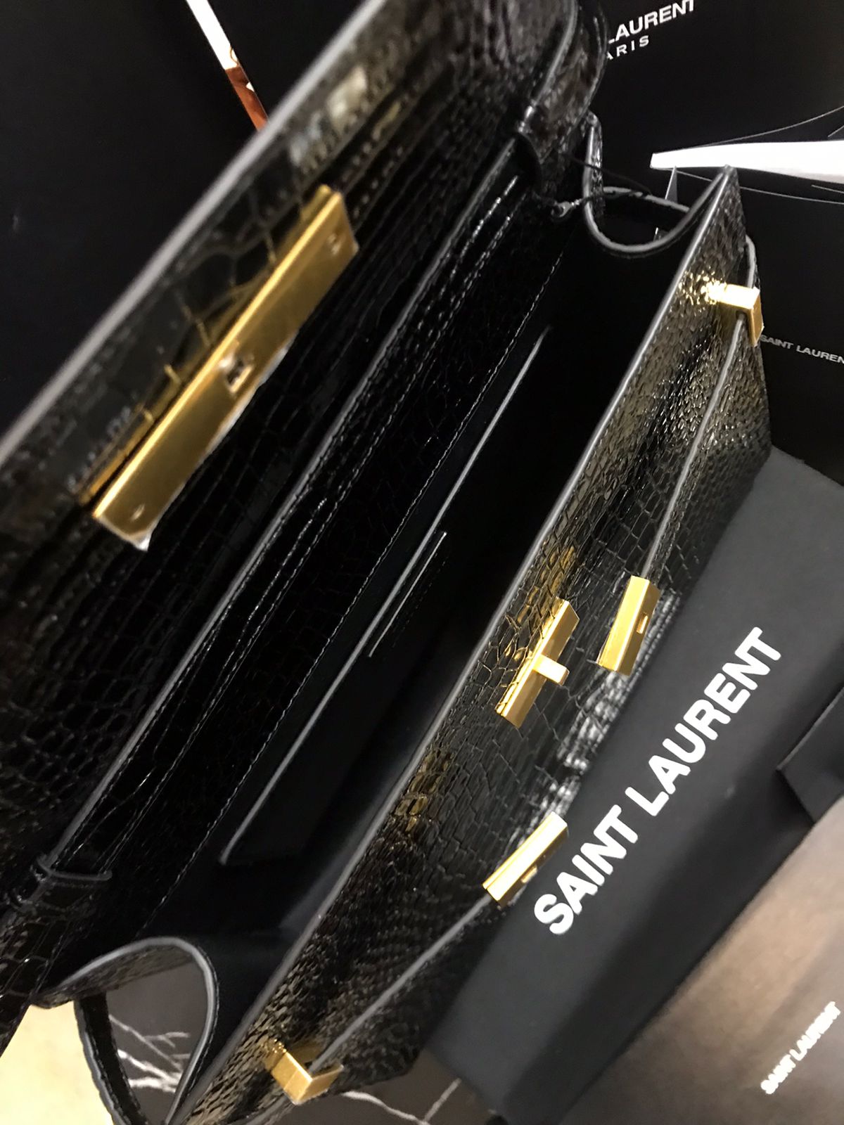 Saint Laurent Negro Piel terminaciones de Cocodrilo