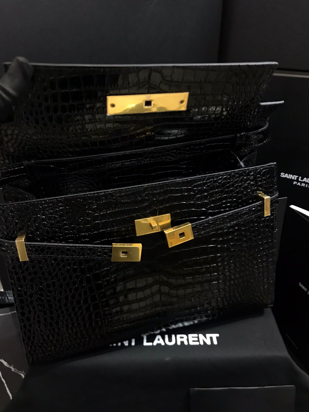 Saint Laurent Negro Piel terminaciones de Cocodrilo