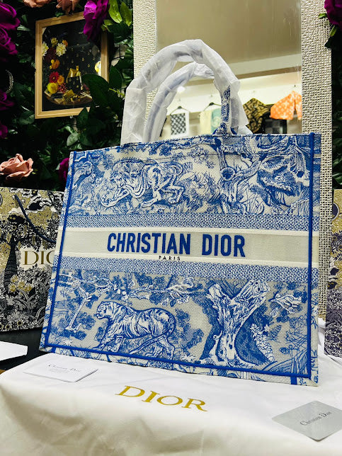 Christian Dior Azul Bordado Tigres Tela