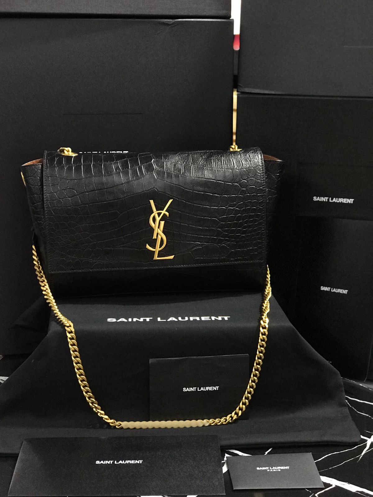 Saint Laurent Negro Piel Acabados Cocodrilo