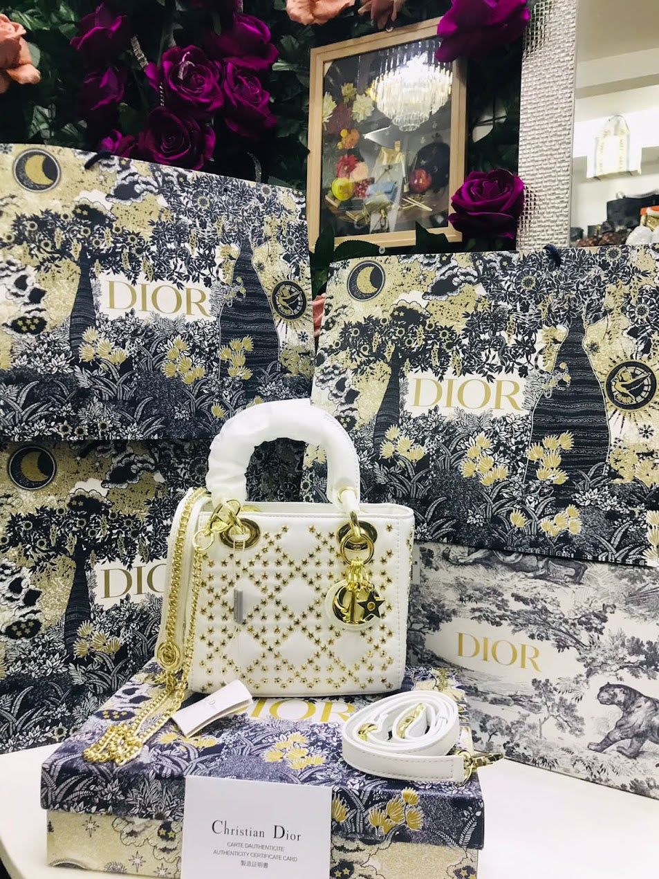 Christian Dior Blanca Encajes de Estrella Dorados Cuero Edición Especial Pequeña