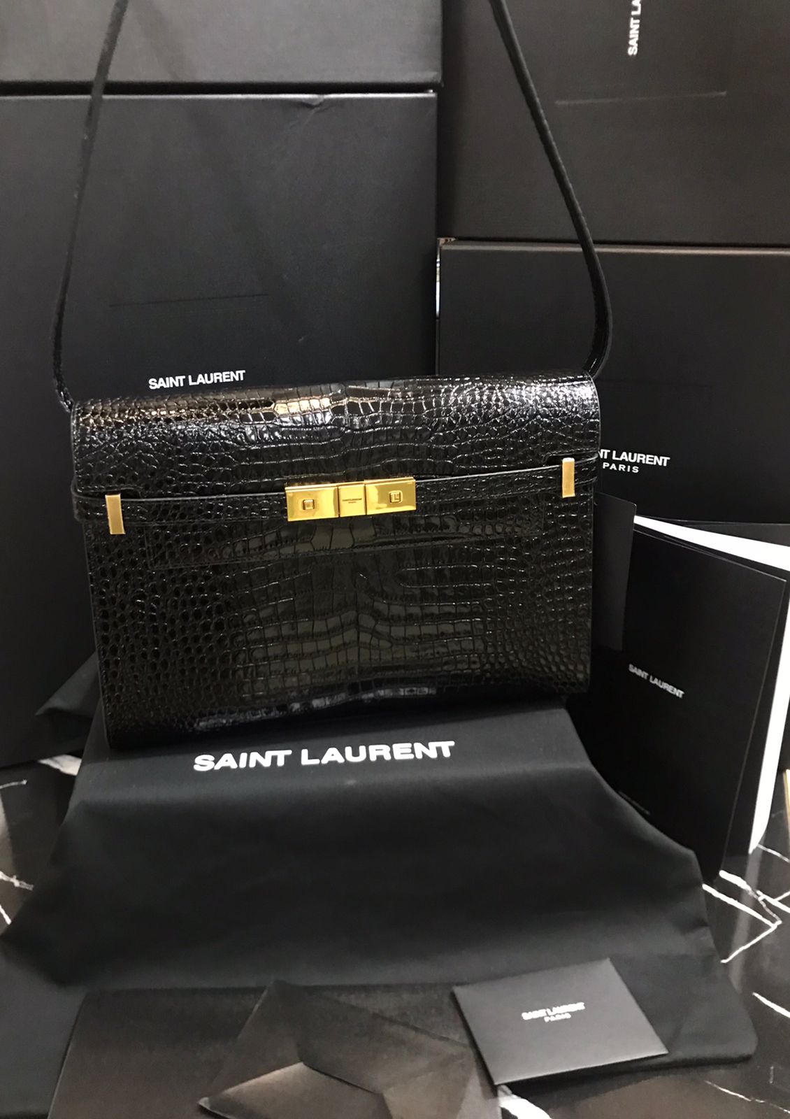 Saint Laurent Negro Piel terminaciones de Cocodrilo