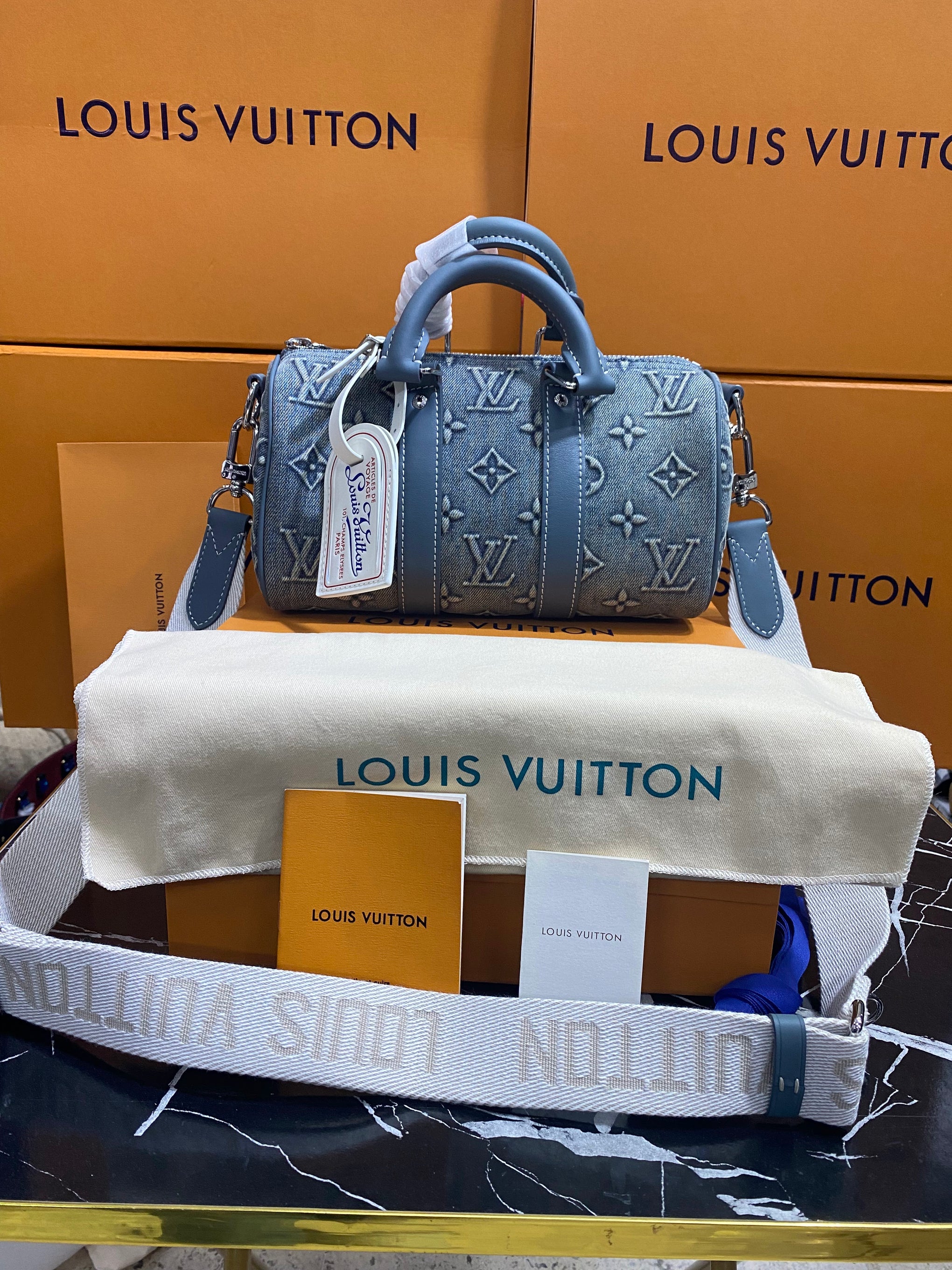 Louis Vuitton Azul Bordada con Piel