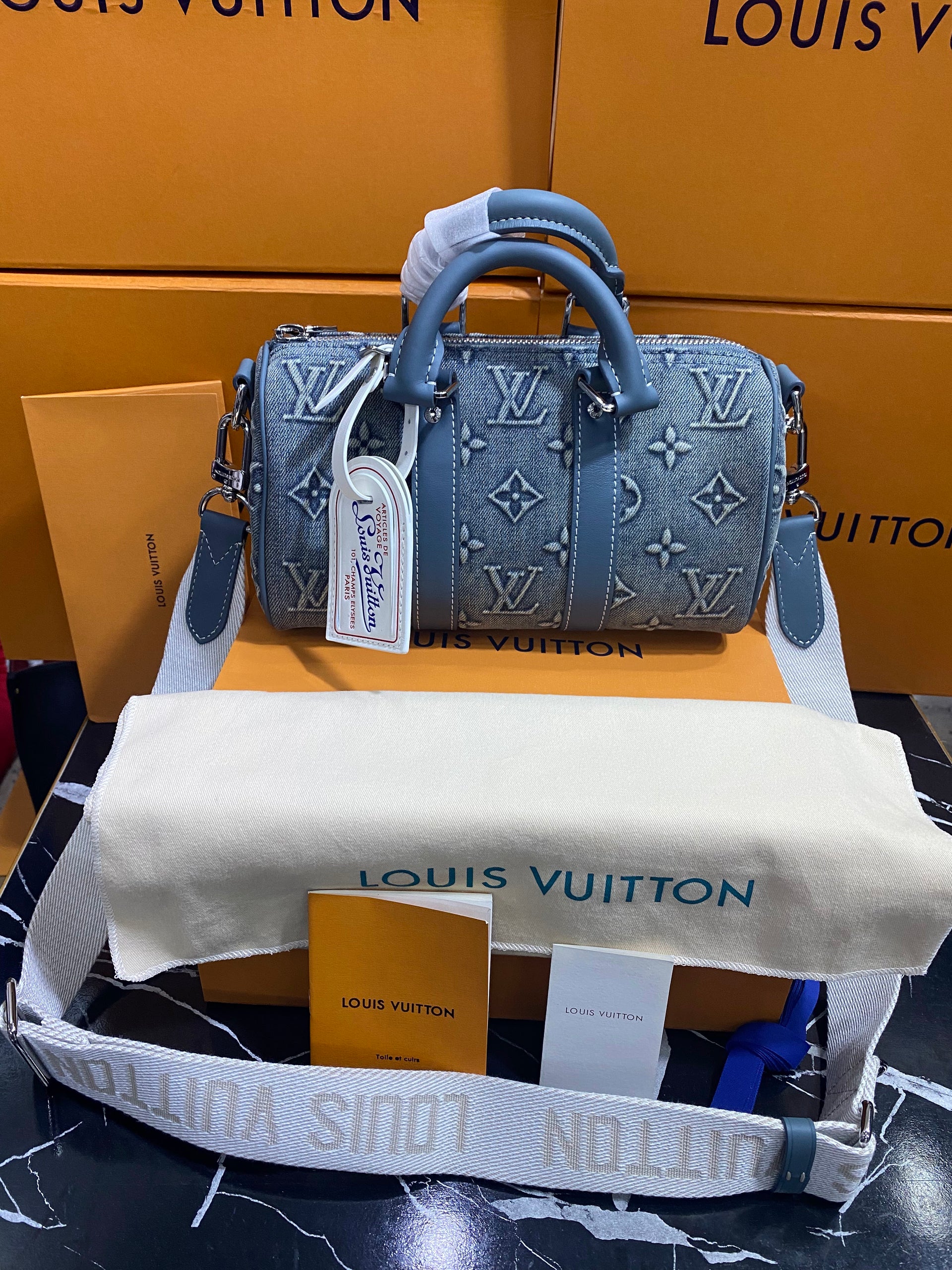 Louis Vuitton Azul Bordada con Piel