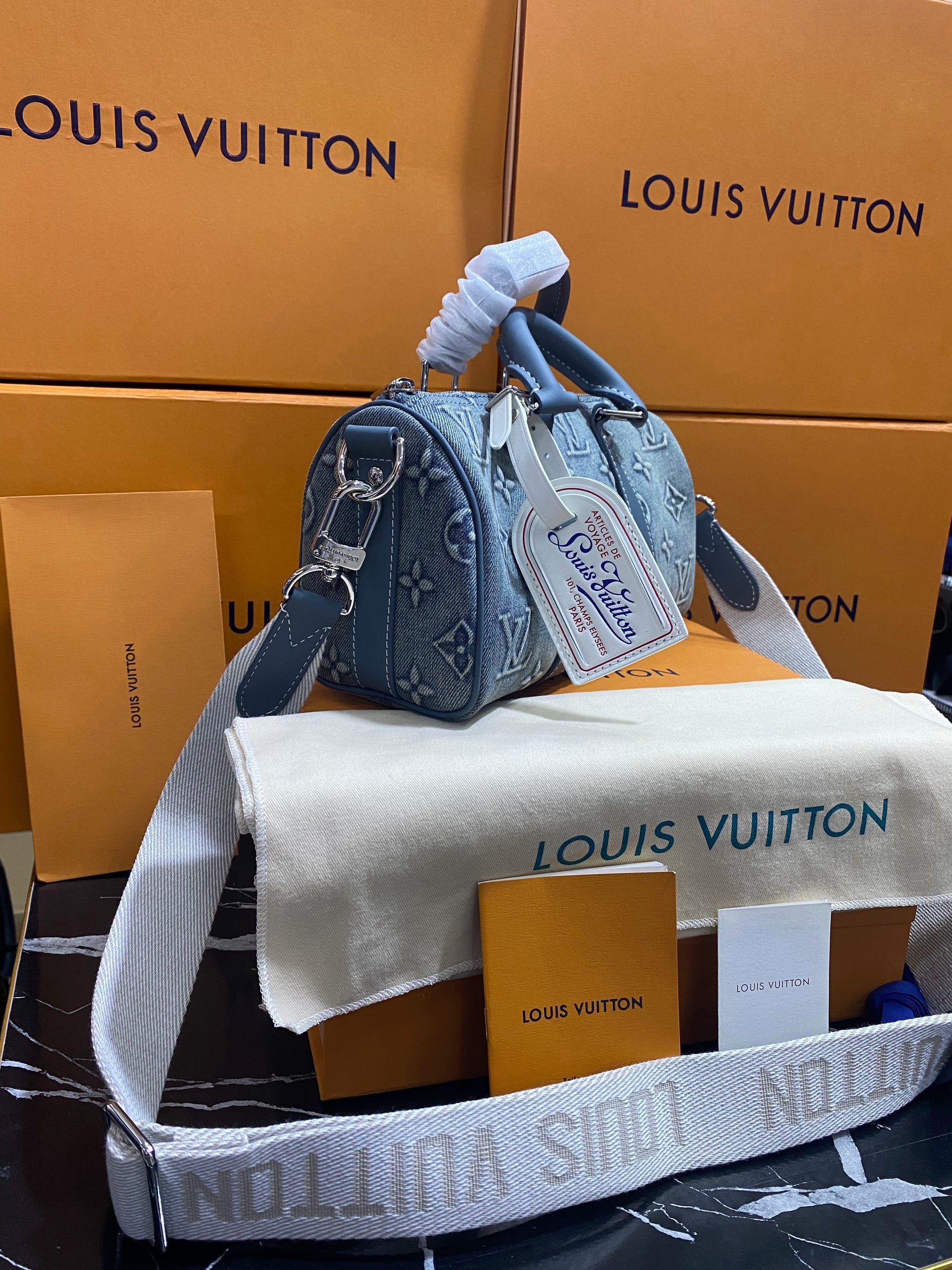 Louis Vuitton Azul Bordada con Piel