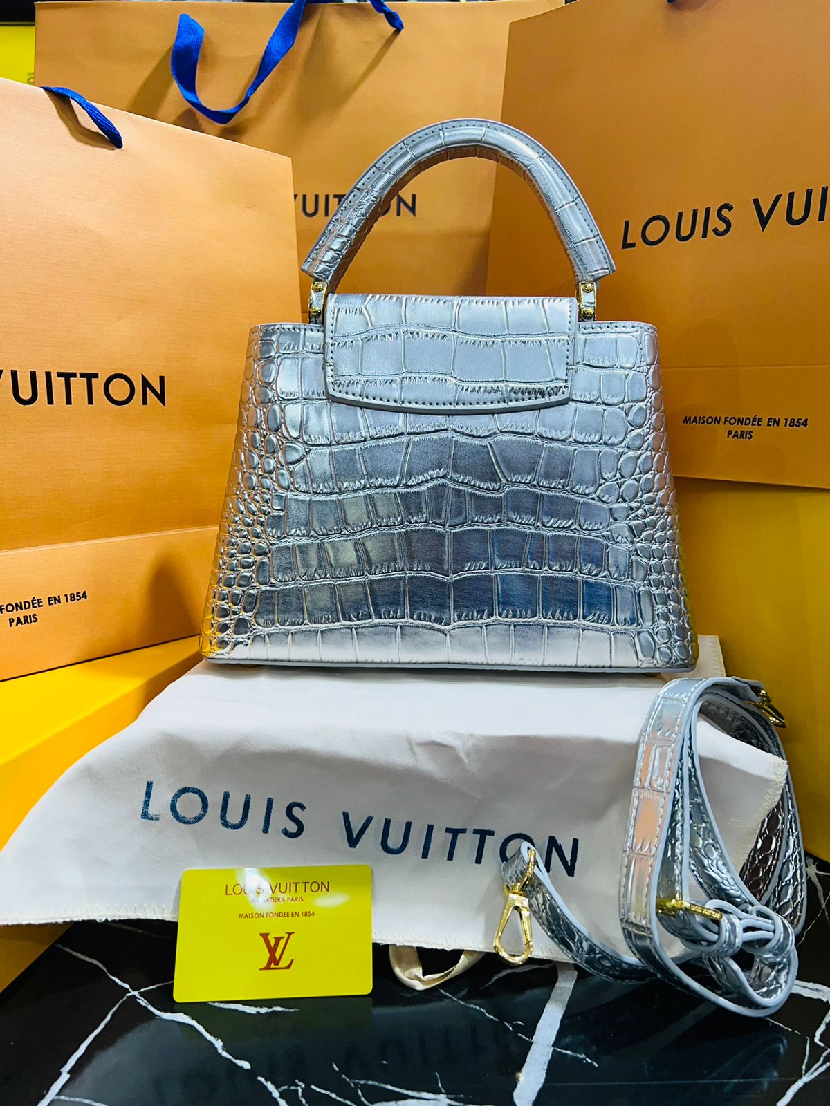 Louis Vuitton Capucine Edición Especial Plateada Piel