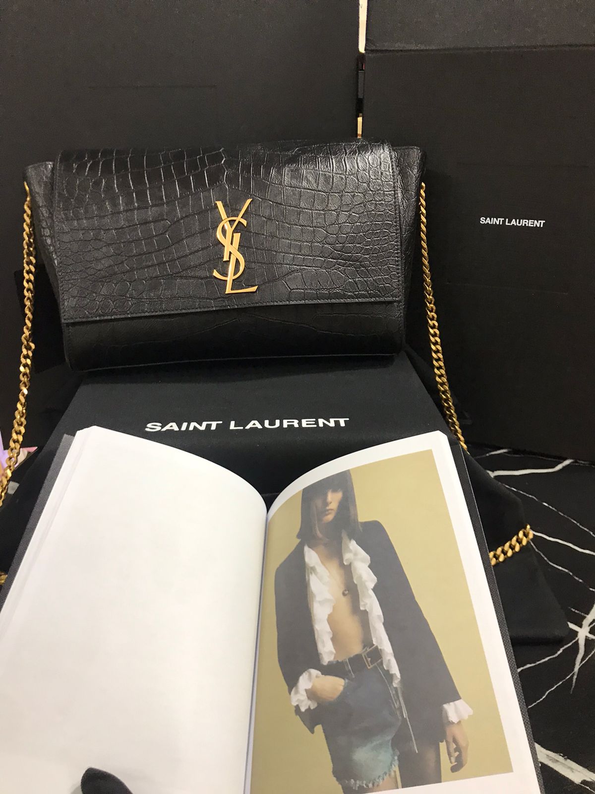 Saint Laurent Negro Piel Acabados Cocodrilo