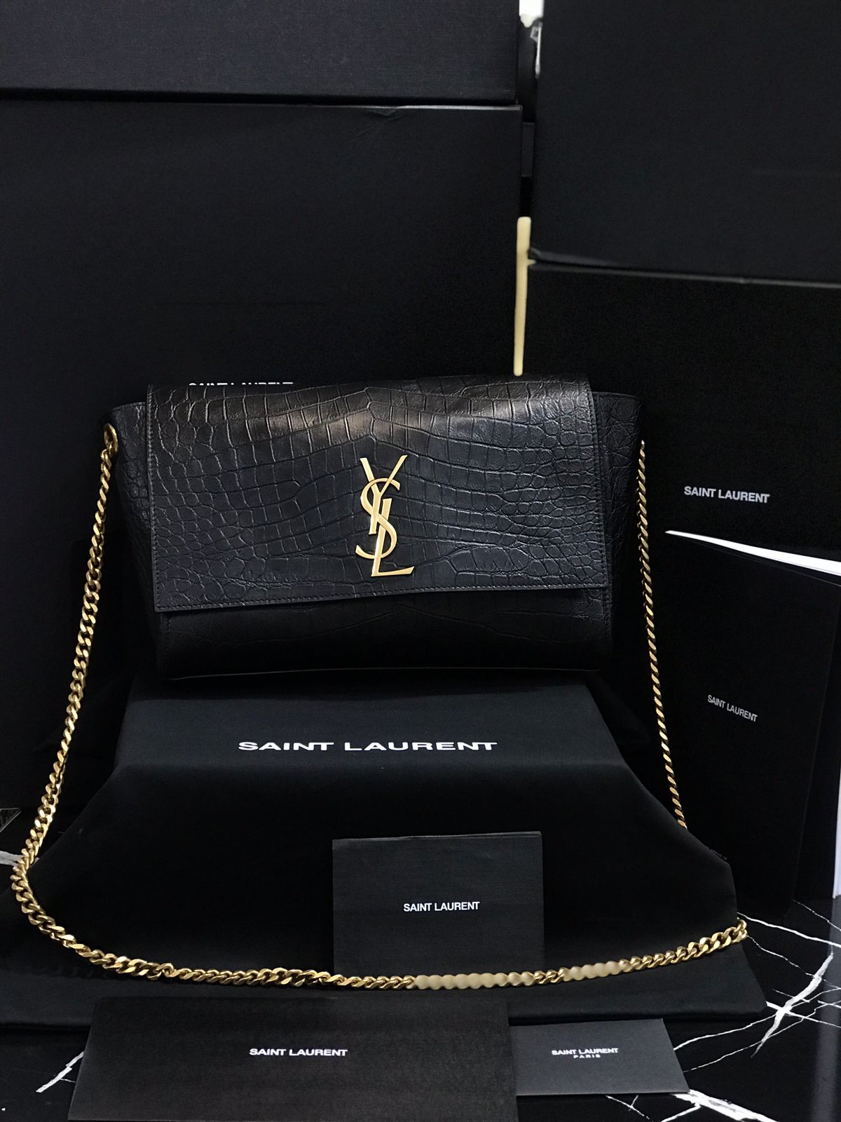 Saint Laurent Negro Piel Acabados Cocodrilo