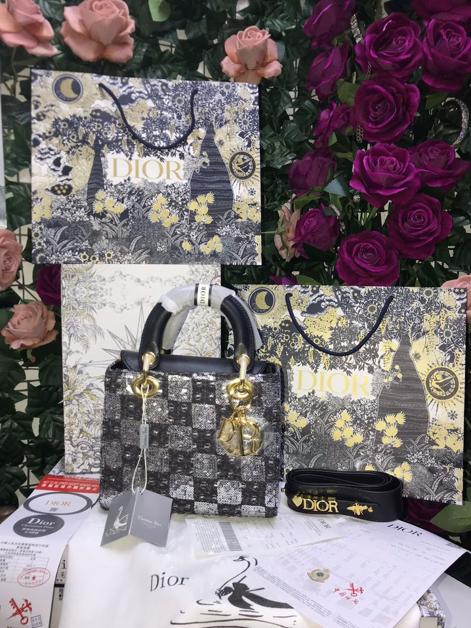 Christian Dior Negra Blanco Marmoleado Cuero y Textil