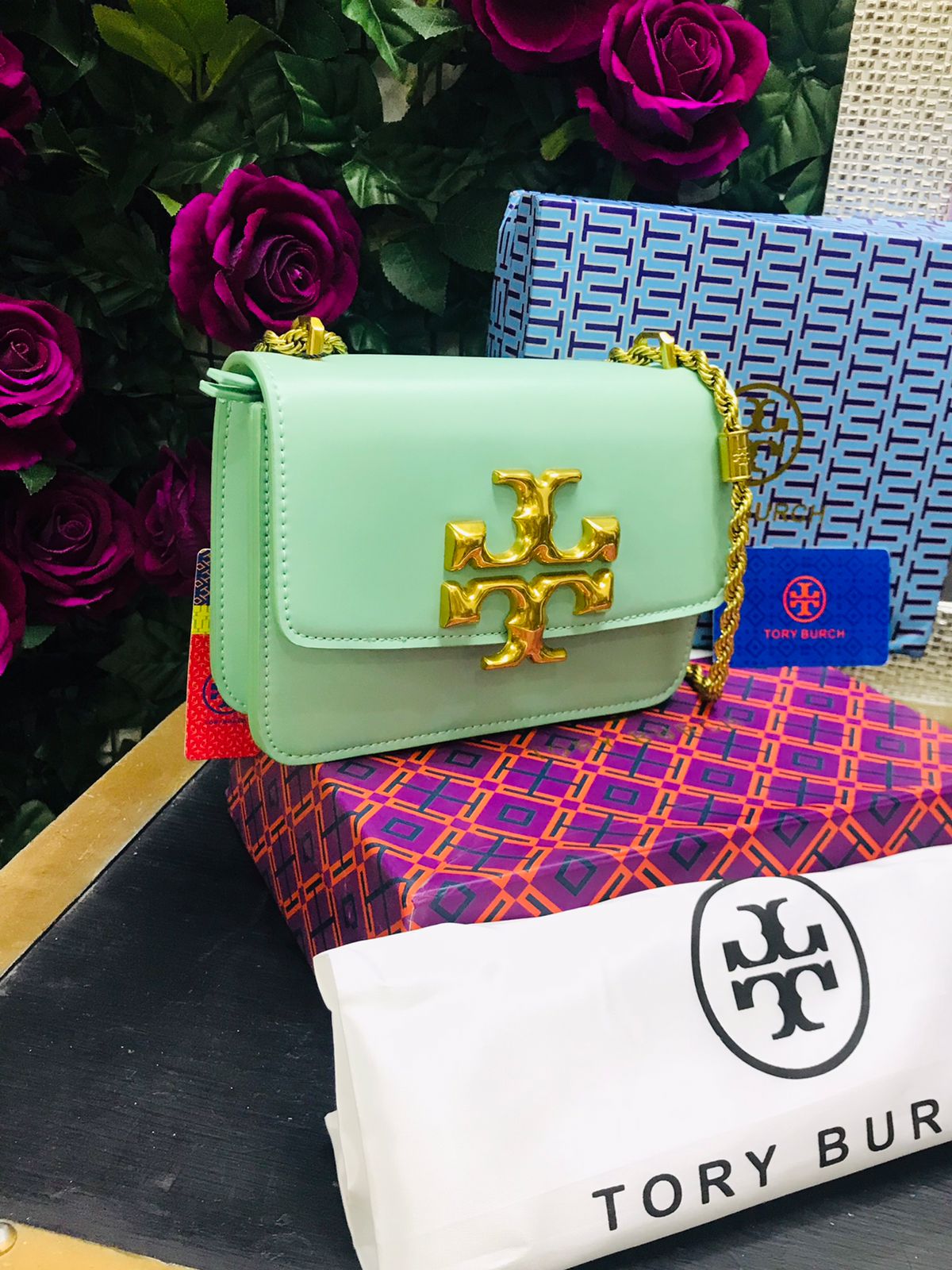 Tory Burch Verde Aqua Cadena Dorada Piel