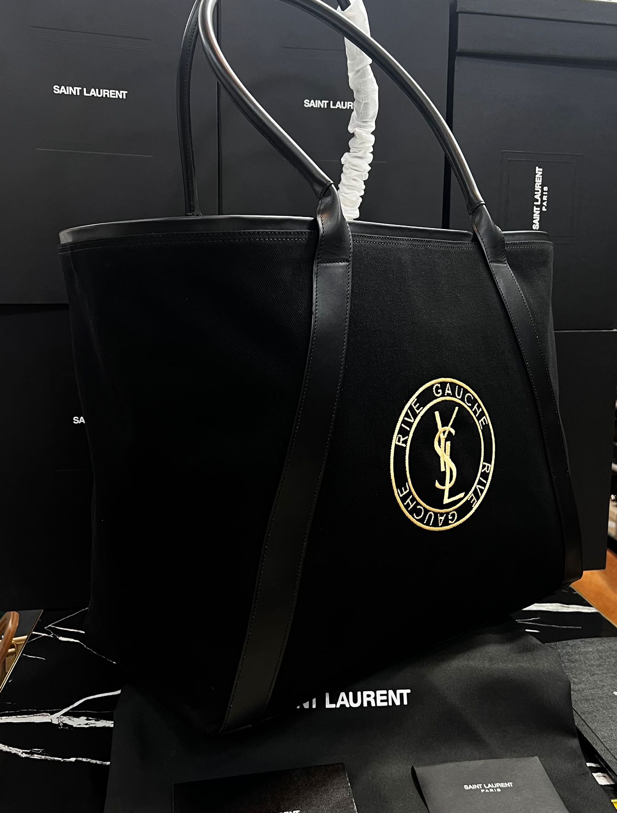 Saint Laurent Negra Tela Con Piel