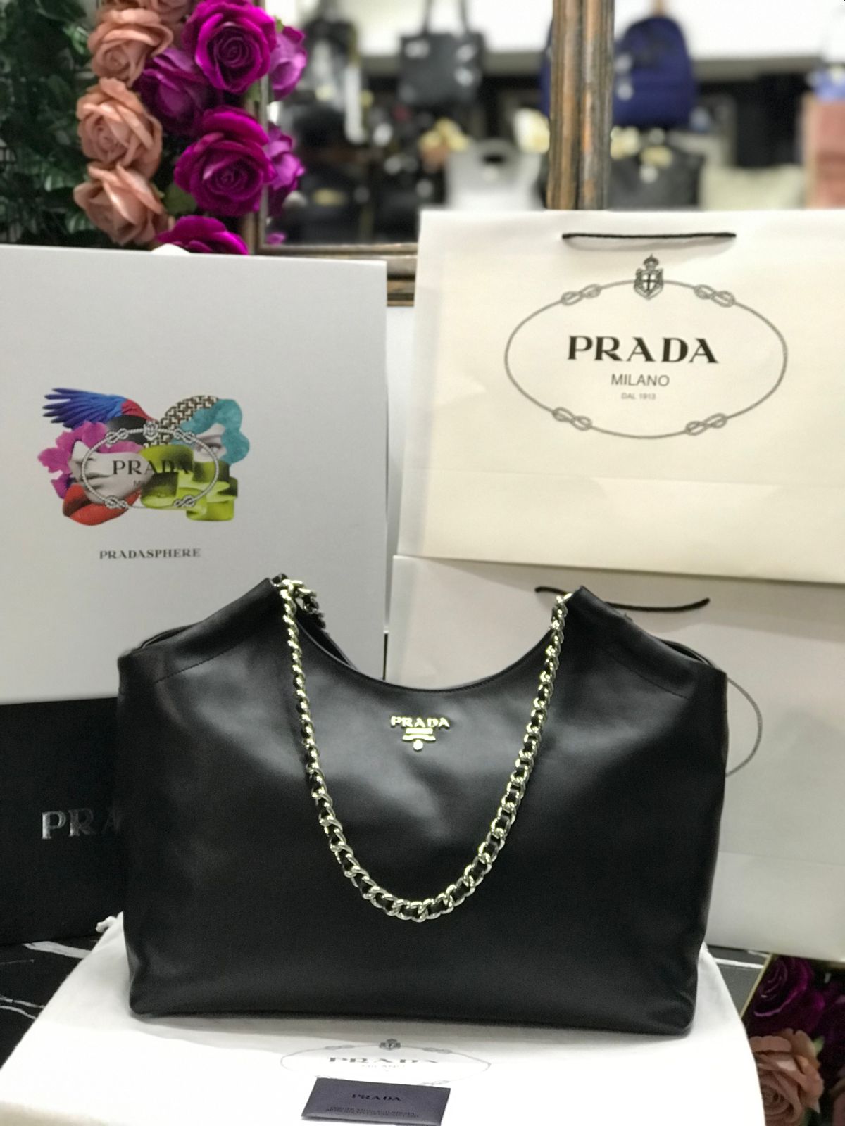 Prada Negro Cadena Plateado Piel