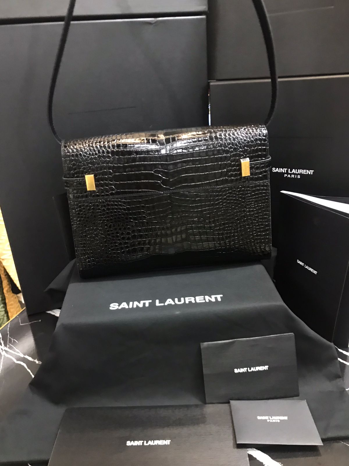 Saint Laurent Negro Piel terminaciones de Cocodrilo