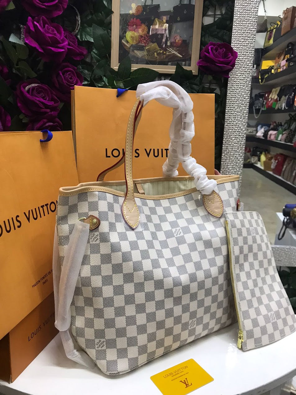 Louis Vuitton Blanco Gris Marmoleado Piel