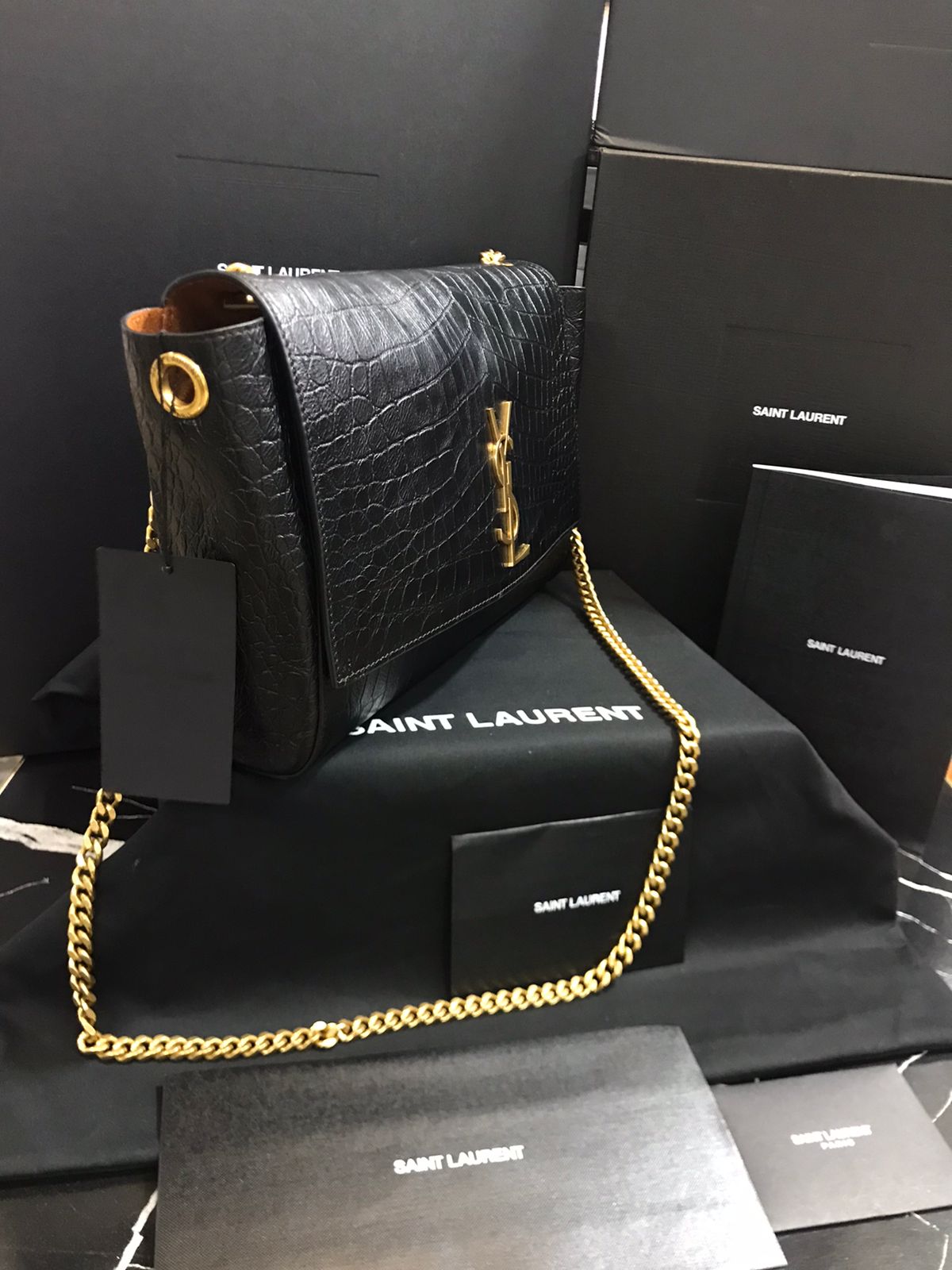 Saint Laurent Negro Piel Acabados Cocodrilo