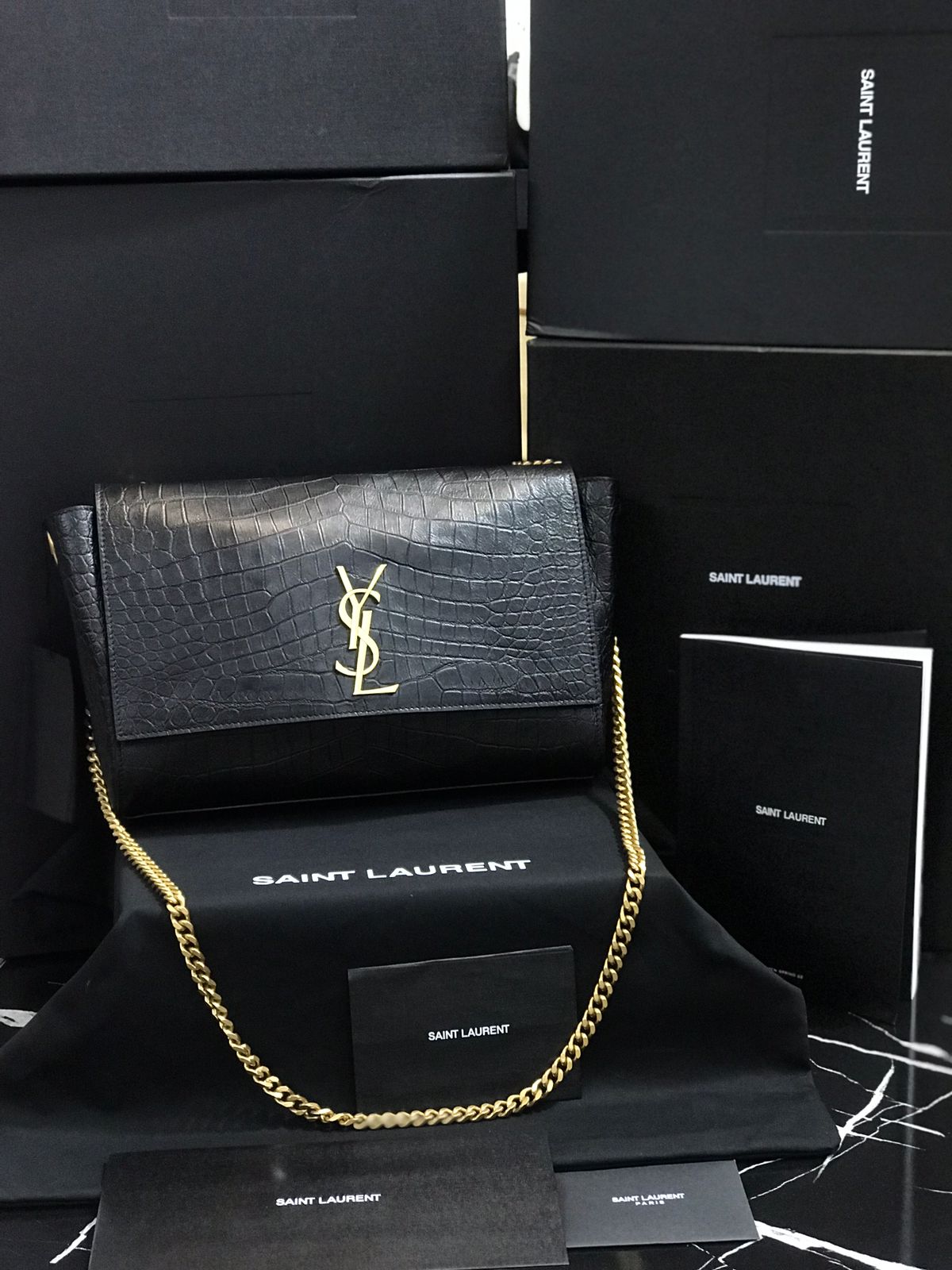 Saint Laurent Negro Piel Acabados Cocodrilo