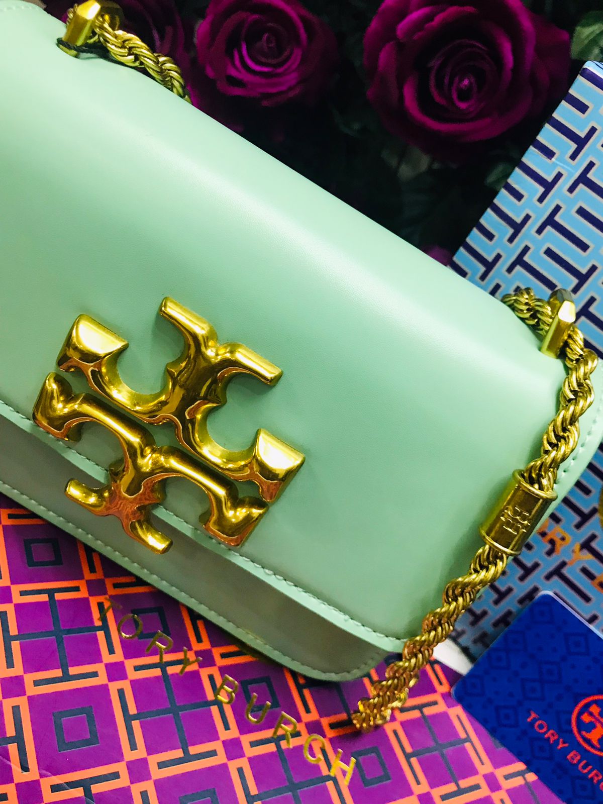 Tory Burch Verde Aqua Cadena Dorada Piel