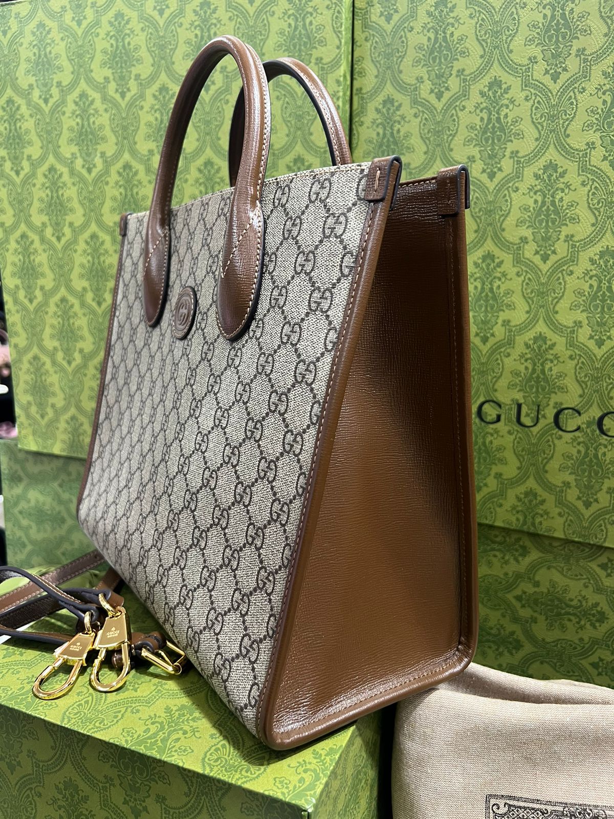 Gucci Café con Beige Asa Café Piel