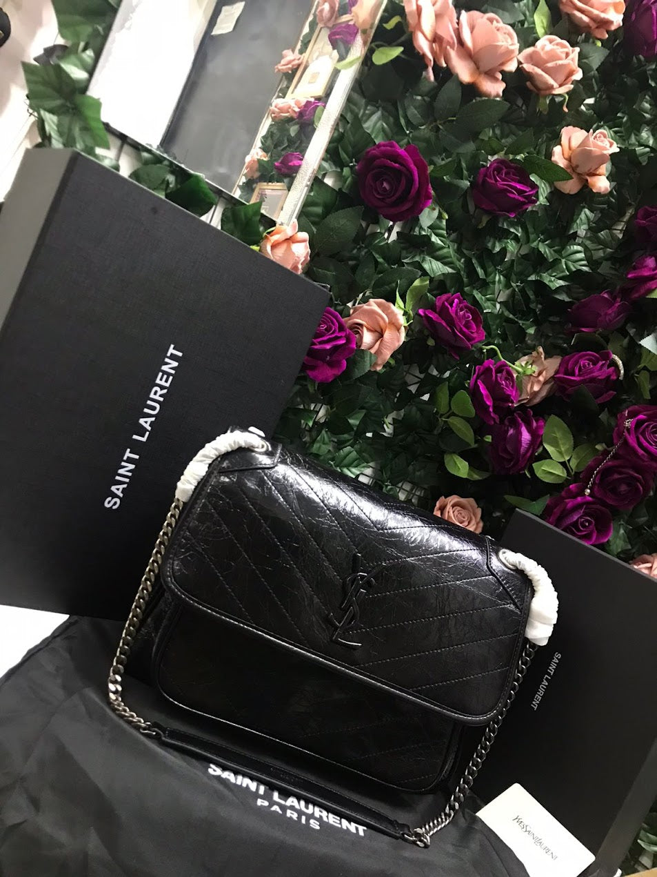 Saint Laurent YSL Negro Asa Eslabones Piel