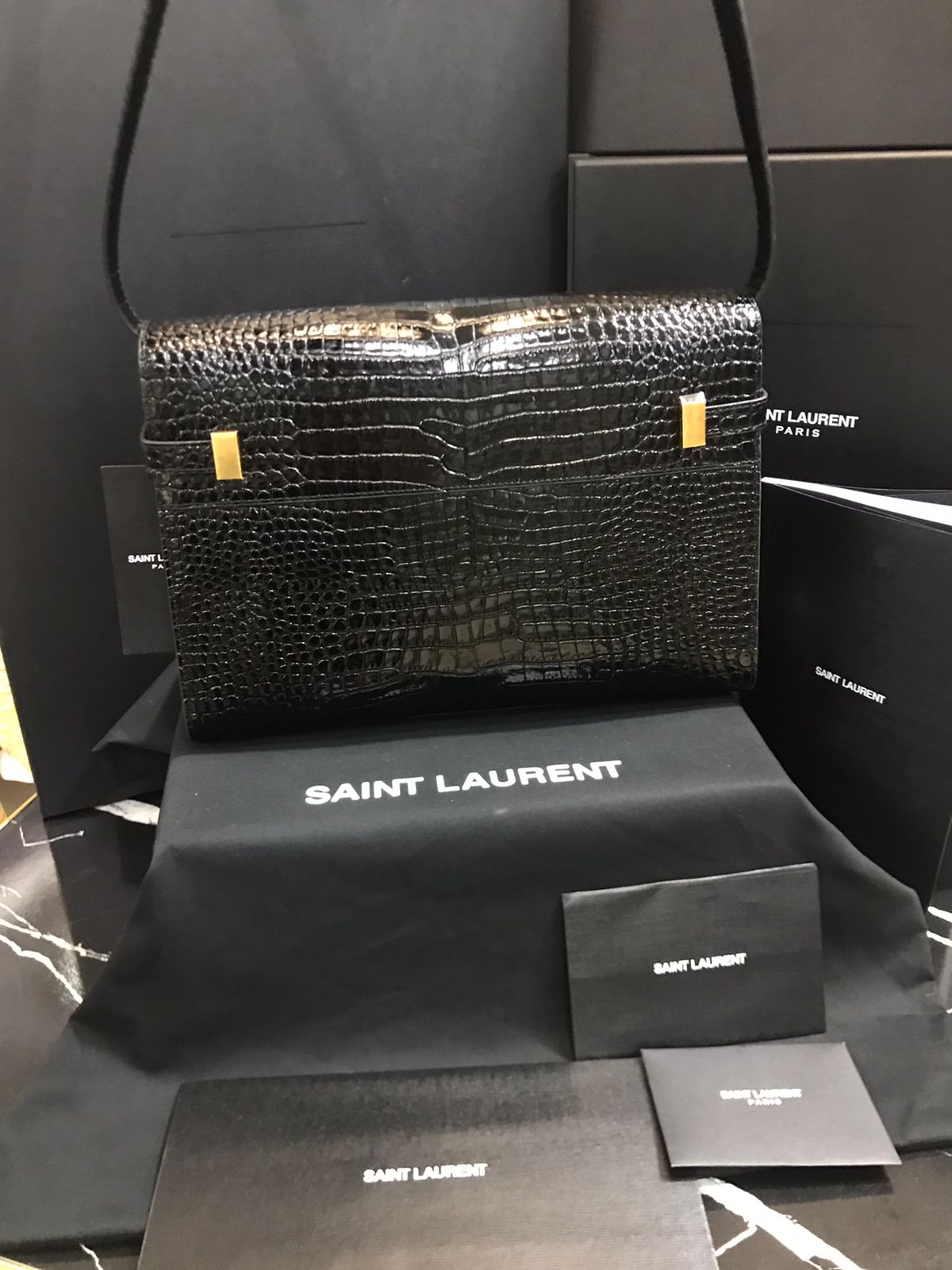 Saint Laurent Negro Piel terminaciones de Cocodrilo