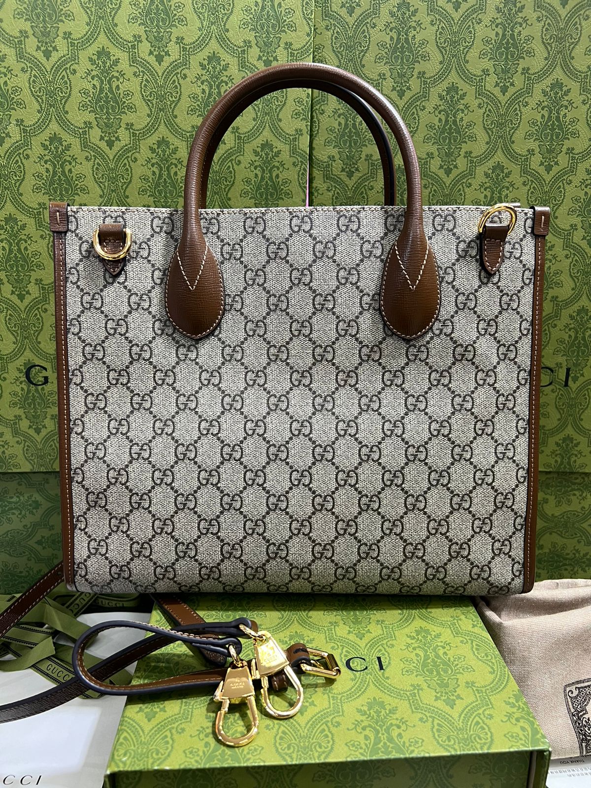 Gucci Café con Beige Asa Café Piel