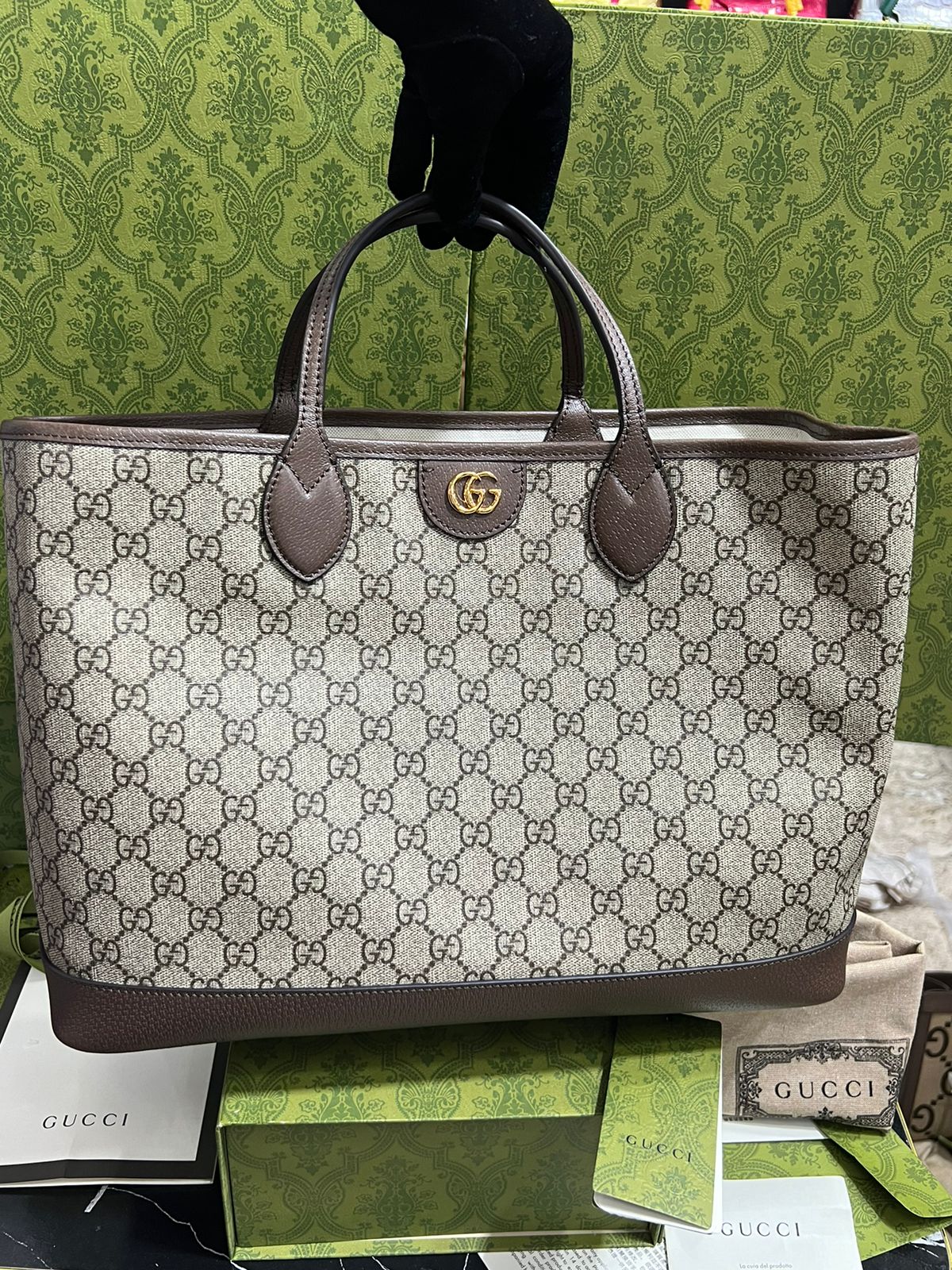 Gucci Café con Beige Asa Café Piel