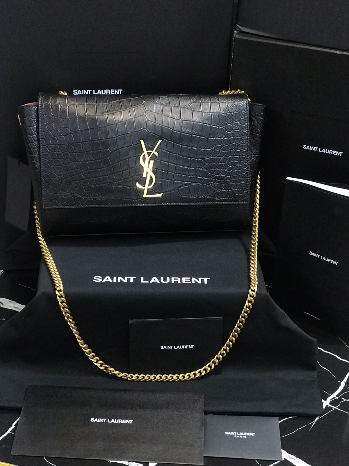 Saint Laurent Negro Piel Acabados Cocodrilo